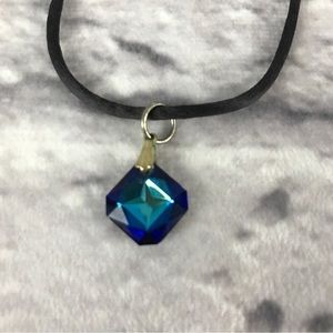 Crystal Necklace Deep‎ Blue Iridescent on Black Satin Shimmering Square 9” CTRR
